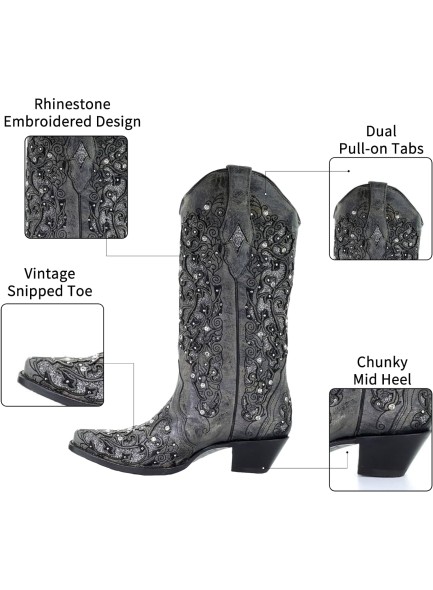 Women Printed Western Rhinestones Cowboy Cowgirl Boots Square Toe Embroidered Retro