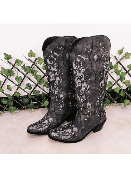 Women Printed Western Rhinestones Cowboy Cowgirl Boots Square Toe Embroidered Retro