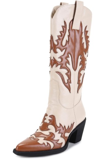 Women's 'Claremont' Sexy Cowboy Boots Mid Calf Knee-high Patchwork Dressy Cowgirl Western Woman Chunky Heel Pointed Toe Trendy Knee High Tall Boots