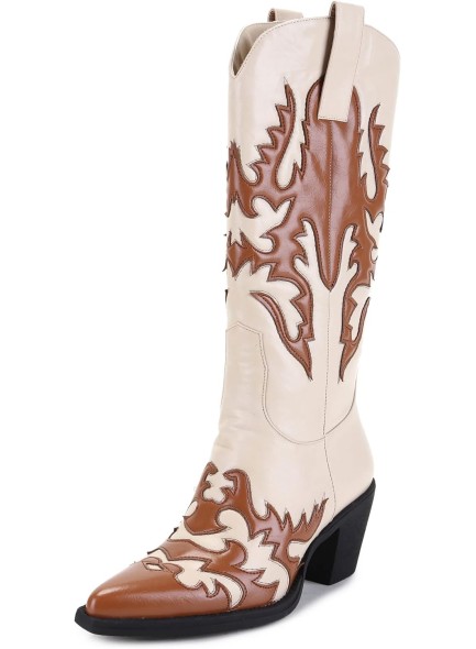 Women's 'Claremont' Sexy Cowboy Boots Mid Calf Knee-high Patchwork Dressy Cowgirl Western Woman Chunky Heel Pointed Toe Trendy Knee High Tall Boots