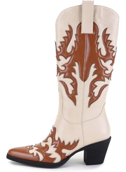 Women's 'Claremont' Sexy Cowboy Boots Mid Calf Knee-high Patchwork Dressy Cowgirl Western Woman Chunky Heel Pointed Toe Trendy Knee High Tall Boots