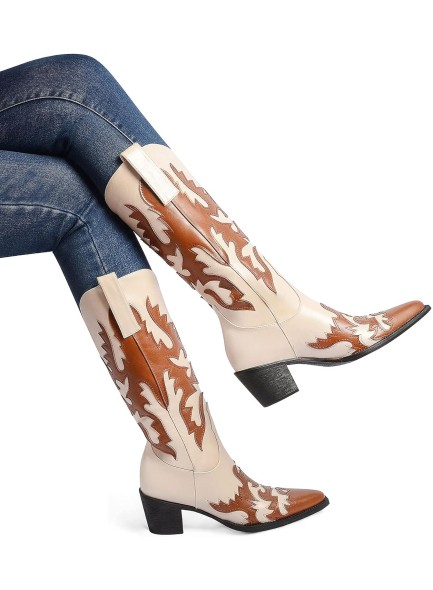 Women's 'Claremont' Sexy Cowboy Boots Mid Calf Knee-high Patchwork Dressy Cowgirl Western Woman Chunky Heel Pointed Toe Trendy Knee High Tall Boots