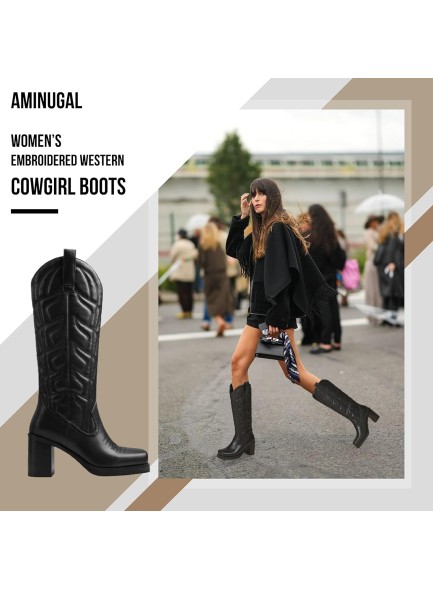 Womens Embroidered Western Cowgirl Boots Chunky Heel Square Toe Pull On Fashion Knee High Boots Cowboy Boots Combat Boots