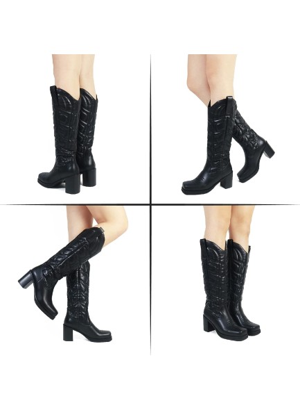 Womens Embroidered Western Cowgirl Boots Chunky Heel Square Toe Pull On Fashion Knee High Boots Cowboy Boots Combat Boots