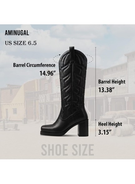 Womens Embroidered Western Cowgirl Boots Chunky Heel Square Toe Pull On Fashion Knee High Boots Cowboy Boots Combat Boots