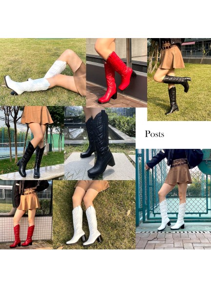Womens Embroidered Western Cowgirl Boots Chunky Heel Square Toe Pull On Fashion Knee High Boots Cowboy Boots Combat Boots
