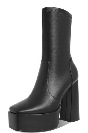 Womens Platform Square Toe Ankle Boots Chunky Heel Zipper Block High Heels Fashion Mid Calf Boots 