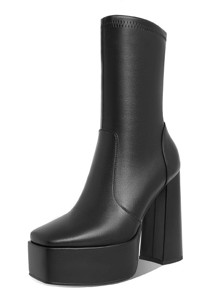 Womens Platform Square Toe Ankle Boots Chunky Heel Zipper Block High Heels Fashion Mid Calf Boots