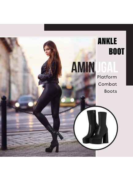 Womens Platform Square Toe Ankle Boots Chunky Heel Zipper Block High Heels Fashion Mid Calf Boots