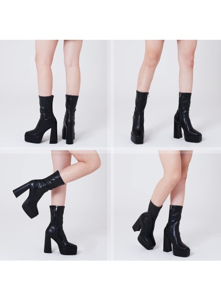 Womens Platform Square Toe Ankle Boots Chunky Heel Zipper Block High Heels Fashion Mid Calf Boots