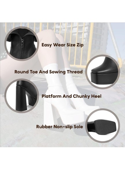 Womens Platform Square Toe Ankle Boots Chunky Heel Zipper Block High Heels Fashion Mid Calf Boots