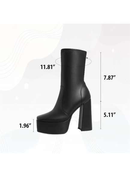 Womens Platform Square Toe Ankle Boots Chunky Heel Zipper Block High Heels Fashion Mid Calf Boots