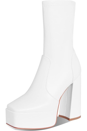 Womens Platform Square Toe Ankle Boots Chunky Heel Zipper Block High Heels Fashion Mid Calf Boots 
