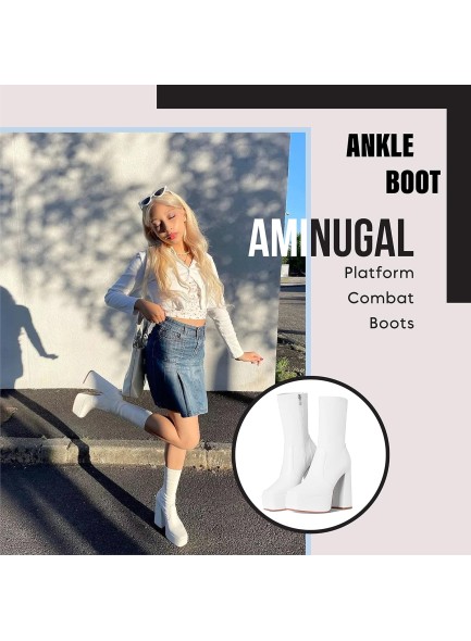 Womens Platform Square Toe Ankle Boots Chunky Heel Zipper Block High Heels Fashion Mid Calf Boots