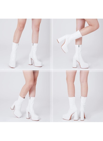 Womens Platform Square Toe Ankle Boots Chunky Heel Zipper Block High Heels Fashion Mid Calf Boots