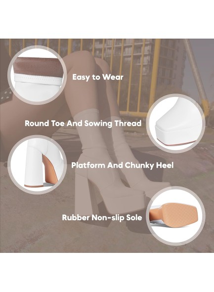 Womens Platform Square Toe Ankle Boots Chunky Heel Zipper Block High Heels Fashion Mid Calf Boots