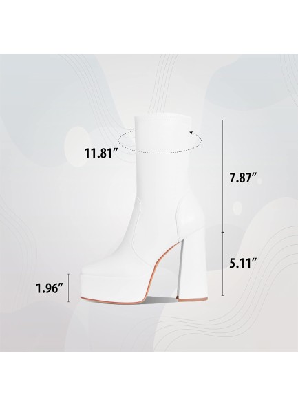 Womens Platform Square Toe Ankle Boots Chunky Heel Zipper Block High Heels Fashion Mid Calf Boots