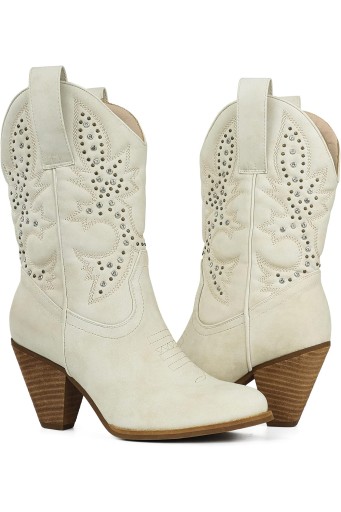 Western Cowboy Mid Calf Boots Rhinestones Round Toe Stacked Heel Embroidered Cowgirl Boots 