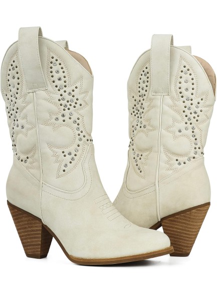 Western Cowboy Mid Calf Boots Rhinestones Round Toe Stacked Heel Embroidered Cowgirl Boots