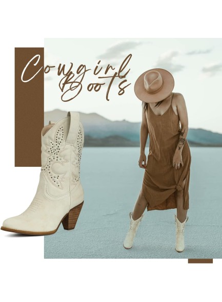 Western Cowboy Mid Calf Boots Rhinestones Round Toe Stacked Heel Embroidered Cowgirl Boots