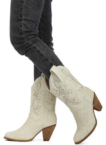 Western Cowboy Mid Calf Boots Rhinestones Round Toe Stacked Heel Embroidered Cowgirl Boots