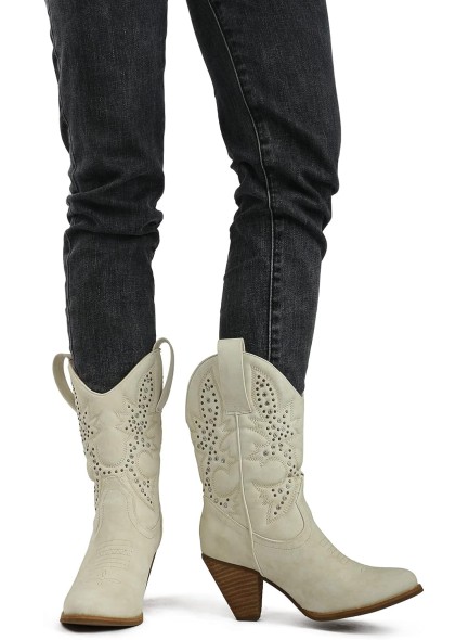 Western Cowboy Mid Calf Boots Rhinestones Round Toe Stacked Heel Embroidered Cowgirl Boots