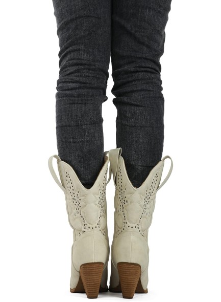 Western Cowboy Mid Calf Boots Rhinestones Round Toe Stacked Heel Embroidered Cowgirl Boots