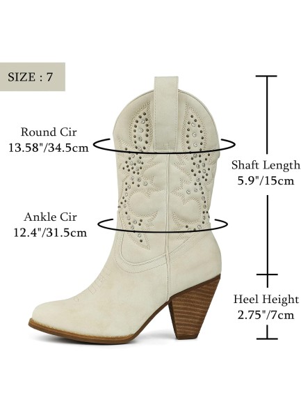 Western Cowboy Mid Calf Boots Rhinestones Round Toe Stacked Heel Embroidered Cowgirl Boots