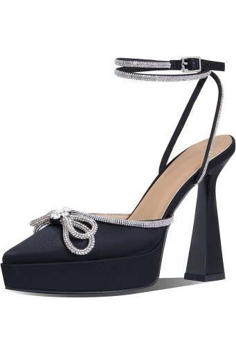 Womens Rhinestones Bow Knot Platform Heeled Sandals Ankle Strap Pointed Toe Stiletto High Heels Fashion Dress Pumps Shoes