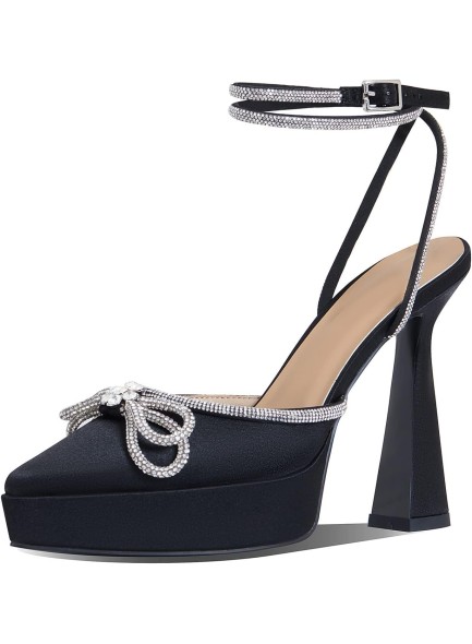 Womens Rhinestones Bow Knot Platform Heeled Sandals Ankle Strap Pointed Toe Stiletto High Heels Fashion Dress Pumps Shoes