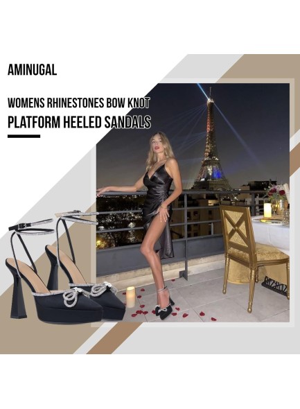 Womens Rhinestones Bow Knot Platform Heeled Sandals Ankle Strap Pointed Toe Stiletto High Heels Fashion Dress Pumps Shoes