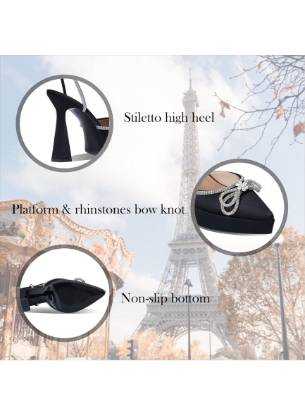 Womens Rhinestones Bow Knot Platform Heeled Sandals Ankle Strap Pointed Toe Stiletto High Heels Fashion Dress Pumps Shoes