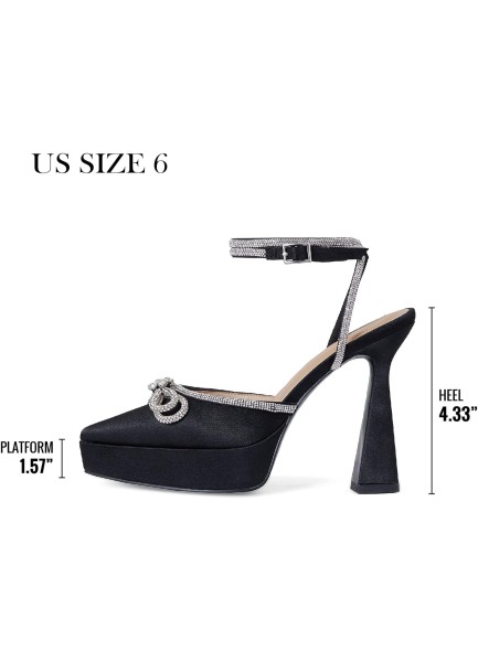 Womens Rhinestones Bow Knot Platform Heeled Sandals Ankle Strap Pointed Toe Stiletto High Heels Fashion Dress Pumps Shoes