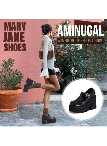 Black Platform Wedge Sandals Chunky Block Heel Closed Toe Goth Black Heels Dressy Summer T Strap Black Platform Shoes