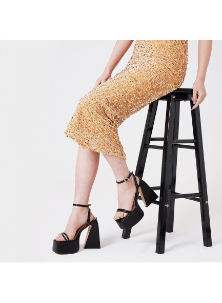 Black Chunky Heels for Women Black Platform Heels Square Toe Ankle Strap Black Strappy Fashion Heels