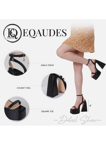 Black Chunky Heels for Women Black Platform Heels Square Toe Ankle Strap Black Strappy Fashion Heels