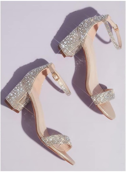 Rhinestone Heels Sandals Low Chunky Block Heels for Women Wedding Dress Sparkly Bridal Glitter Prom Heels