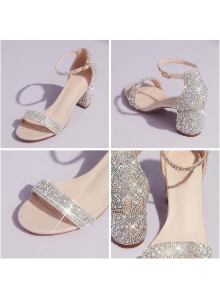 Rhinestone Heels Sandals Low Chunky Block Heels for Women Wedding Dress Sparkly Bridal Glitter Prom Heels