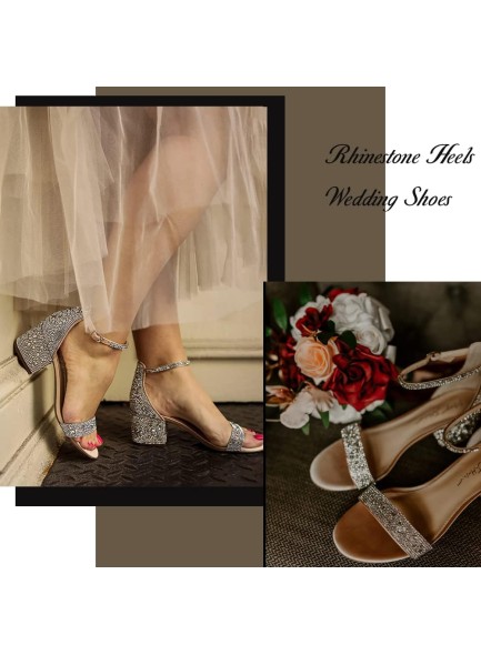 Rhinestone Heels Sandals Low Chunky Block Heels for Women Wedding Dress Sparkly Bridal Glitter Prom Heels