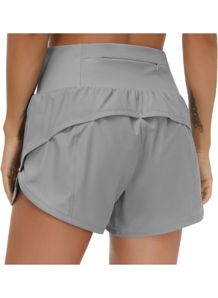 Womens High Waisted Running Shorts Quick Dry Athletic Workout Shorts with Mesh Liner Zipper Pockets