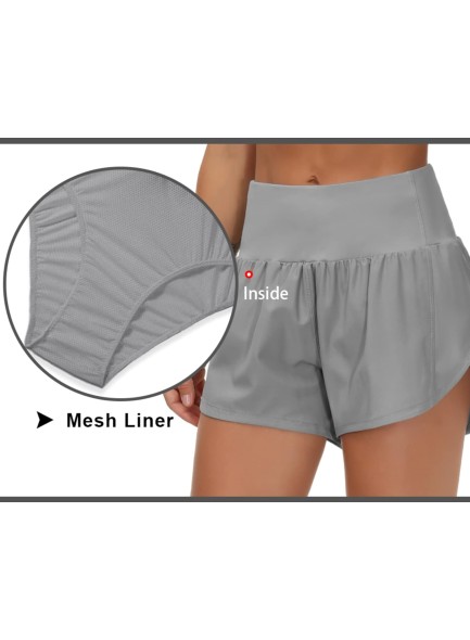 Womens High Waisted Running Shorts Quick Dry Athletic Workout Shorts with Mesh Liner Zipper Pockets