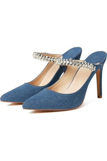 Rhinestones Strap Heeled Sandals Ankle Strap Pointed Toe Stiletto High Heels Fashion Dress Mules Shoes 
