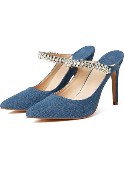 Rhinestones Strap Heeled Sandals Ankle Strap Pointed Toe Stiletto High Heels Fashion Dress Mules Shoes
