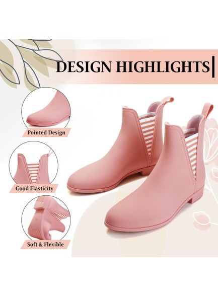 Rain Boots for Women, Comfortable Non Slip Short Rubber Boots, Stylish Mid Heel Elastic Garden Ankle Booties
