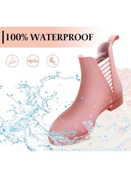 Rain Boots for Women, Comfortable Non Slip Short Rubber Boots, Stylish Mid Heel Elastic Garden Ankle Booties