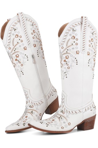 Western Cowboy Boots Cowgirl Chunky Heel Mid Calf Boot Snip Toe Embroidery Riding Boots