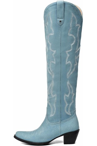 Denim Boots for Women Blue Jean Distressed High Heel Knee High Boots Stylish and Comfortable Footwear Choice 