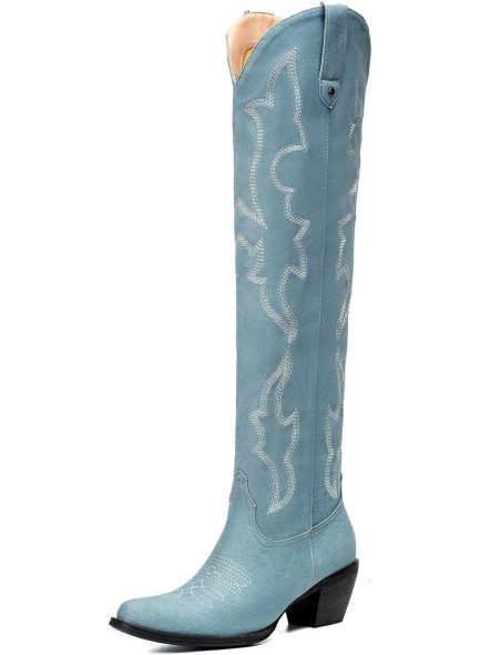 Denim Boots for Women Blue Jean Distressed High Heel Knee High Boots Stylish and Comfortable Footwear Choice