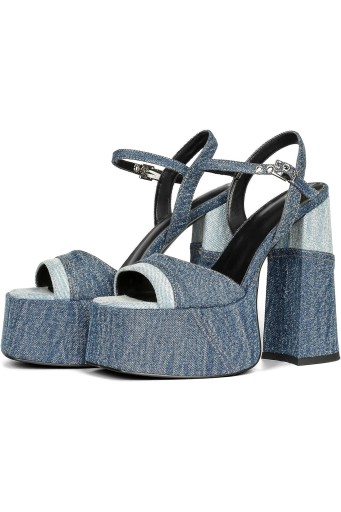 Women Denim Chunky High Heel Sandals Peep Open Toe Ankle Buckle Strap Backless Heeled Sandals Casual 