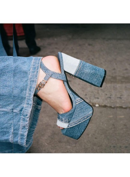 Women Denim Chunky High Heel Sandals Peep Open Toe Ankle Buckle Strap Backless Heeled Sandals Casual